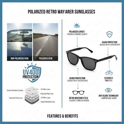 Polarized retro wayfarer sunglasses features and benefits - UV protection and blue lens technology