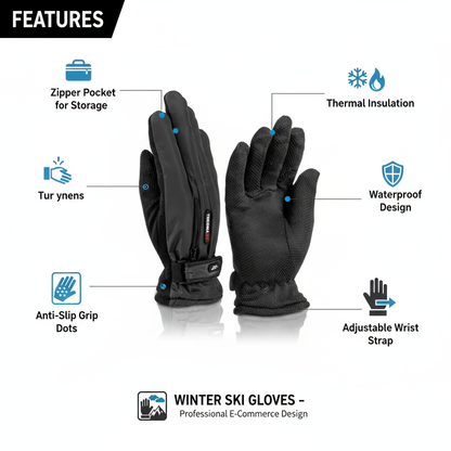 Winter Ski Gloves - Waterproof with Zipper Pocket & Anti-Slip Grip - PremiumBrandGoods