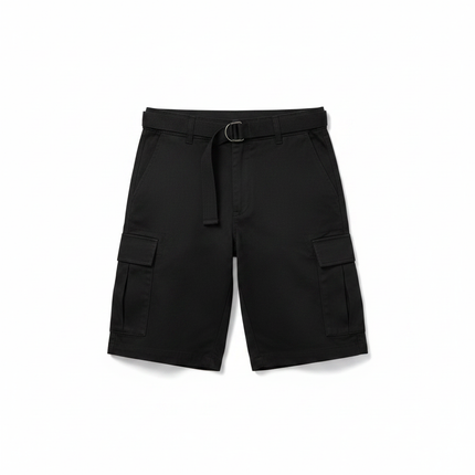 Men's Belted Cargo Shorts in Black on white background
