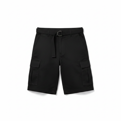 Men's Belted Cargo Shorts in Black on white background
