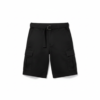 Men's Belted Cargo Shorts in Black on white background