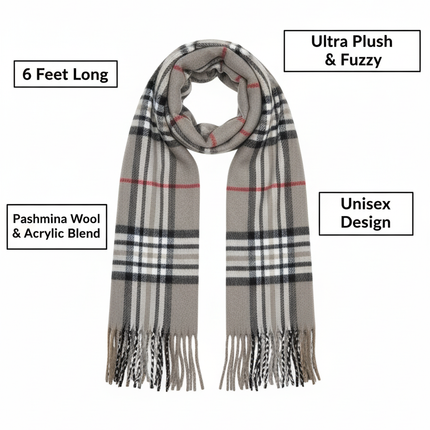 Gray Plaid Scarf Ultra Plush Pashmina Wool Blend 6ft Long Unisex Grey