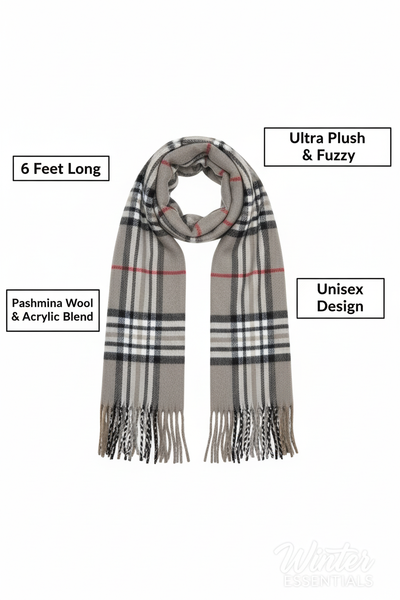 Gray Plaid Scarf Ultra Plush Pashmina Wool Blend 6ft Long Unisex Grey