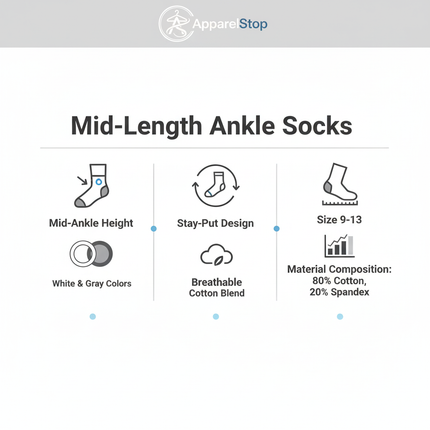 Mid-Length Ankle Socks Features - White & Gray, Size 9-13, Stay-put design