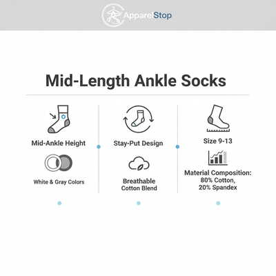 Mid-Length Ankle Socks Features - White & Gray, Size 9-13, Stay-put design