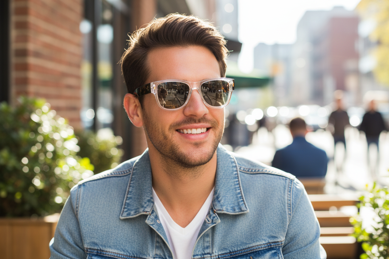 Man wearing transparent wayfarer sunglasses on his face outdoors - lifestyle image