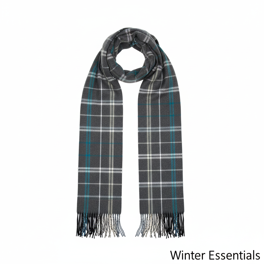 Grey Plaid Cashmere Feel Scarf - White Background