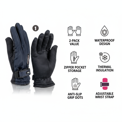Women's Winter Ski Gloves 2-Pack - Zipper Pocket & Anti-Slip Grip - PremiumBrandGoods