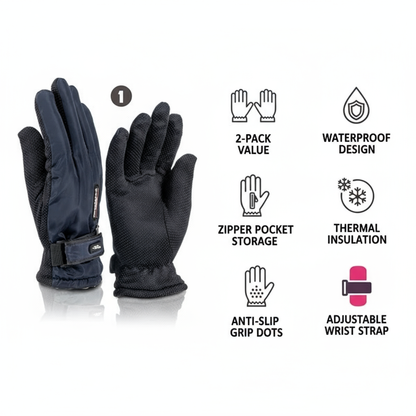 Women's Winter Ski Gloves 2-Pack - Zipper Pocket & Anti-Slip Grip - PremiumBrandGoods
