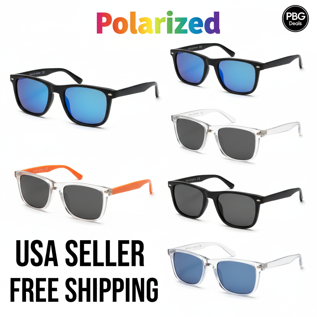 Polarized Unisex Retro Wayfarer Sunglasses Assorted 2-Pack - 6 styles with blue lenses on white background