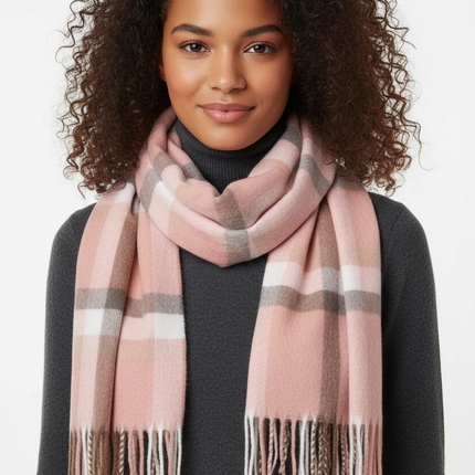 Pink Plaid Scarf Ultra Plush Pashmina Wool Blend 6ft Long Unisex