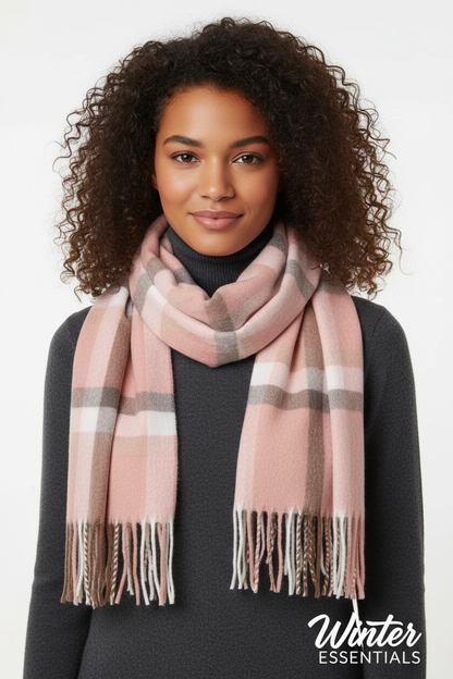 Pink Plaid Scarf Ultra Plush Pashmina Wool Blend 6ft Long Unisex