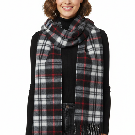 Black Plaid Scarf Ultra Plush Pashmina Wool Blend 6ft Long Unisex