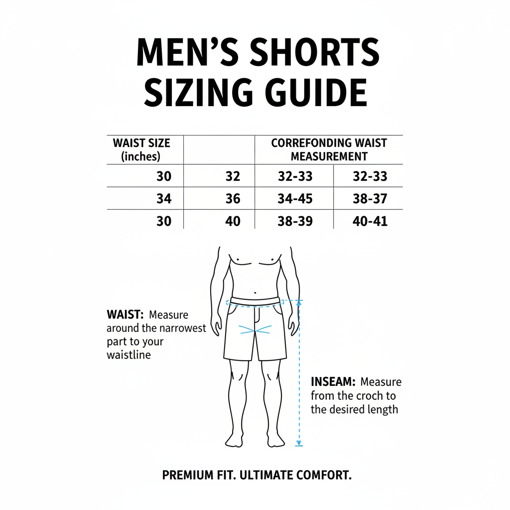 Men's Cargo Shorts sizing chart waist sizes 30 to 40