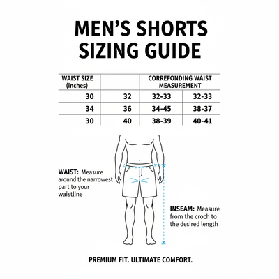 Men's Cargo Shorts sizing chart waist sizes 30 to 40