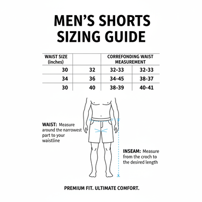 Men's Cargo Shorts sizing chart waist sizes 30 to 40