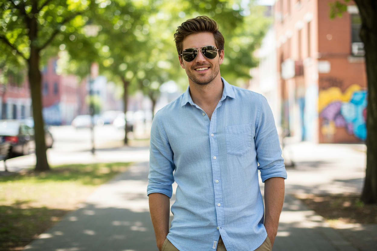 Man wearing classic metal aviator sunglasses on his face outdoors - lifestyle image