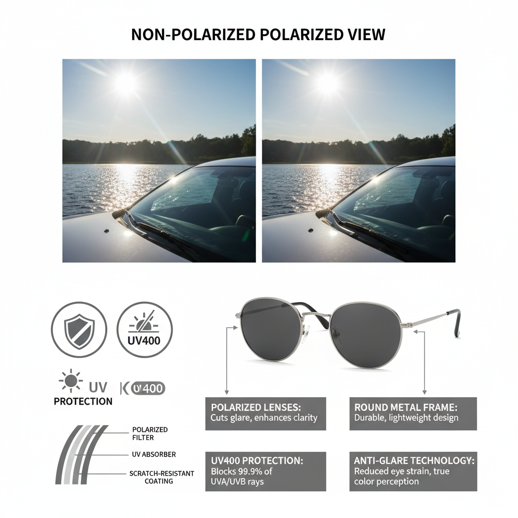Polarized round metal sunglasses features and benefits - UV protection and vintage design