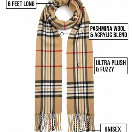 Beige Plaid Scarf Ultra Plush Pashmina Wool Blend 6ft Long Unisex