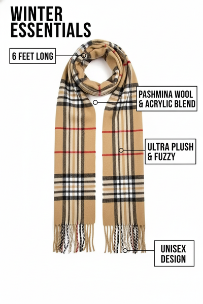 Beige Plaid Scarf Ultra Plush Pashmina Wool Blend 6ft Long Unisex