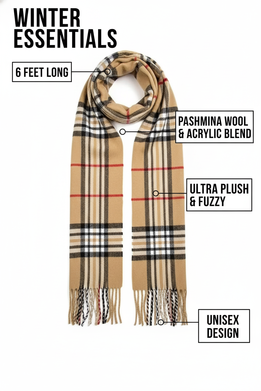 Beige Plaid Scarf Ultra Plush Pashmina Wool Blend 6ft Long Unisex