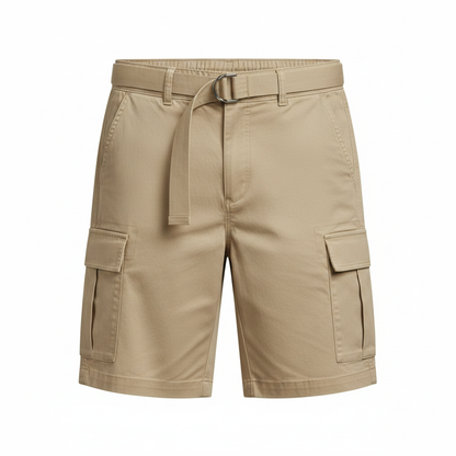 Men's Belted Cargo Shorts in Beige on white background