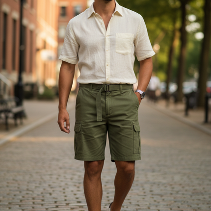 Man wearing Men's Belted Cargo Shorts outdoors lifestyle photo