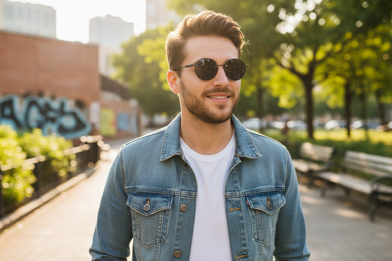 Man wearing round metal sunglasses on his face outdoors - lifestyle image