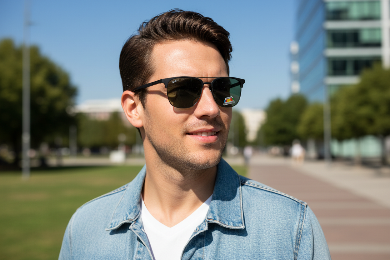 Man wearing clubmaster sunglasses on his face outdoors - lifestyle image