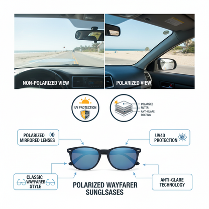 Polarized mirrored wayfarer sunglasses features and benefits - UV protection and bold design