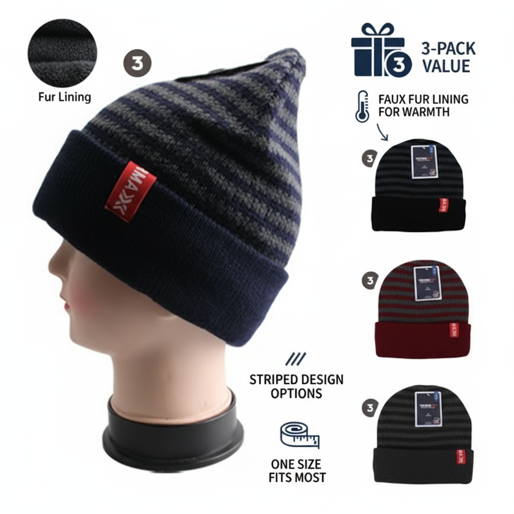 Men's Winter Knit Hat 3-Pack - Striped Beanie with Faux Fur Lining - PremiumBrandGoods