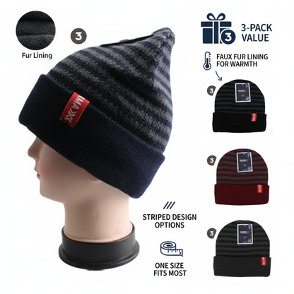 Men's Winter Knit Hat 3-Pack - Striped Beanie with Faux Fur Lining - PremiumBrandGoods