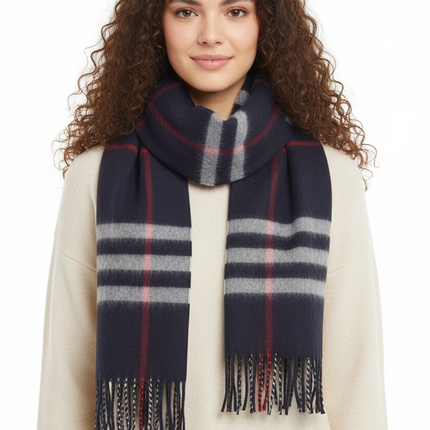Blue Plaid Scarf Ultra Plush Pashmina Wool Blend 6ft Long Unisex Navy