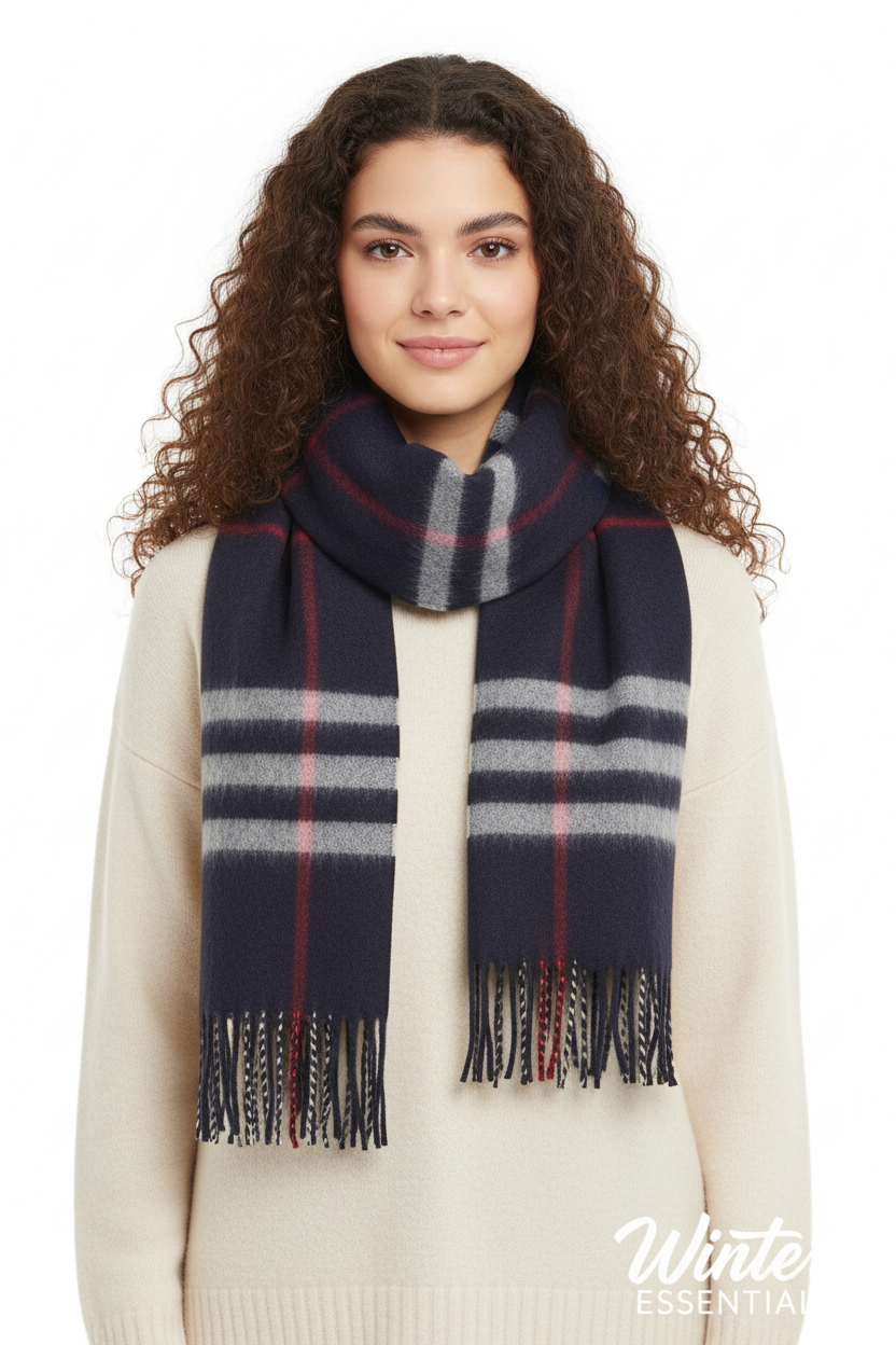 Blue Plaid Scarf Ultra Plush Pashmina Wool Blend 6ft Long Unisex Navy