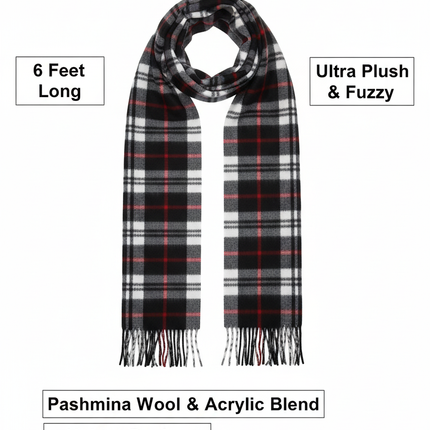 Black Plaid Scarf Ultra Plush Pashmina Wool Blend 6ft Long Unisex