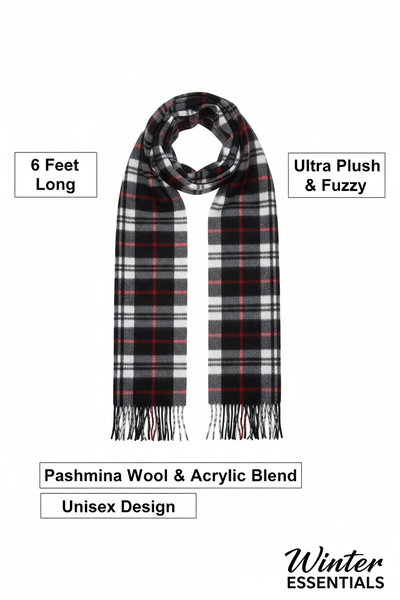 Black Plaid Scarf Ultra Plush Pashmina Wool Blend 6ft Long Unisex