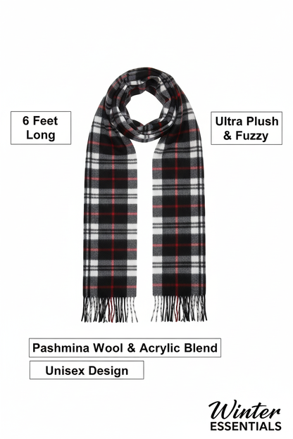 Black Plaid Scarf Ultra Plush Pashmina Wool Blend 6ft Long Unisex