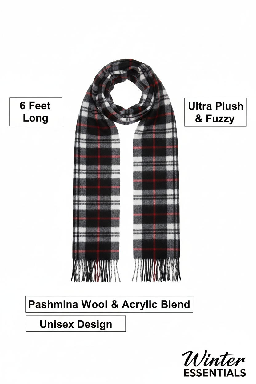 Black Plaid Scarf Ultra Plush Pashmina Wool Blend 6ft Long Unisex