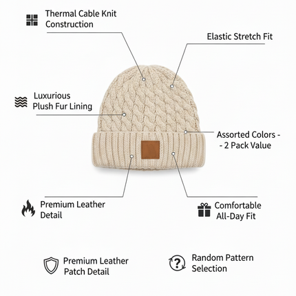 Women's Thermal Cable Knit Beanies - Assorted 2 Pack with Fur Lining