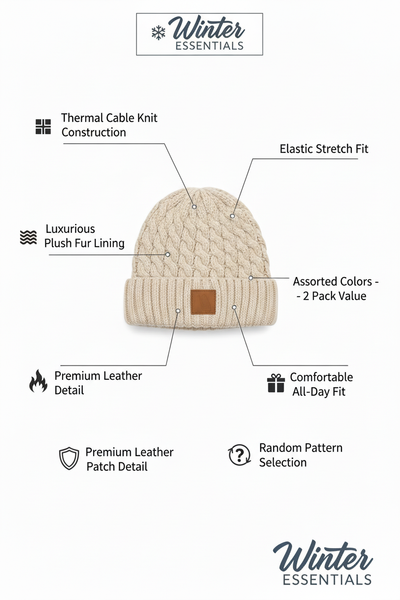 Women's Thermal Cable Knit Beanies - Assorted 2 Pack with Fur Lining