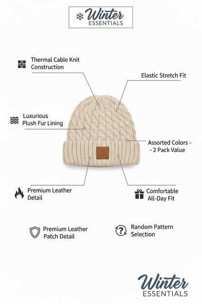 Women's Thermal Cable Knit Beanies - Assorted 2 Pack with Fur Lining