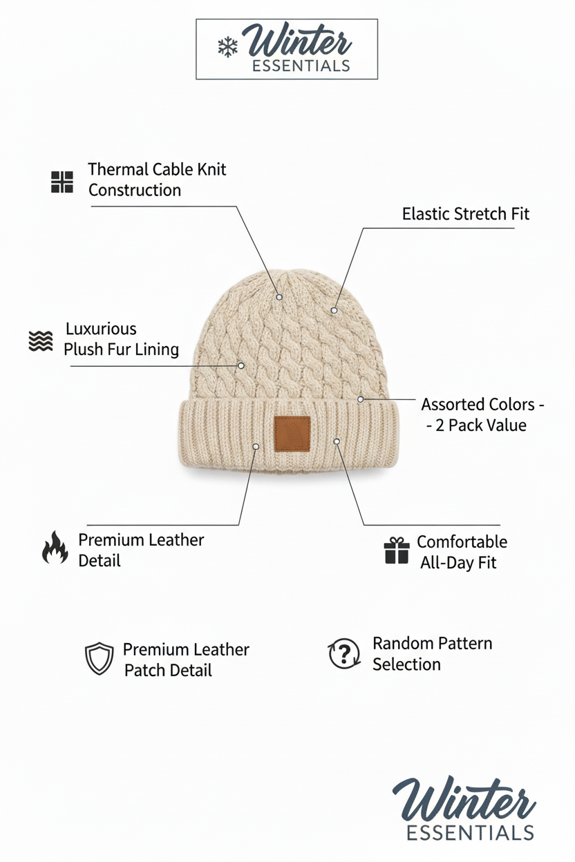 Women's Thermal Cable Knit Beanies - Assorted 2 Pack with Fur Lining