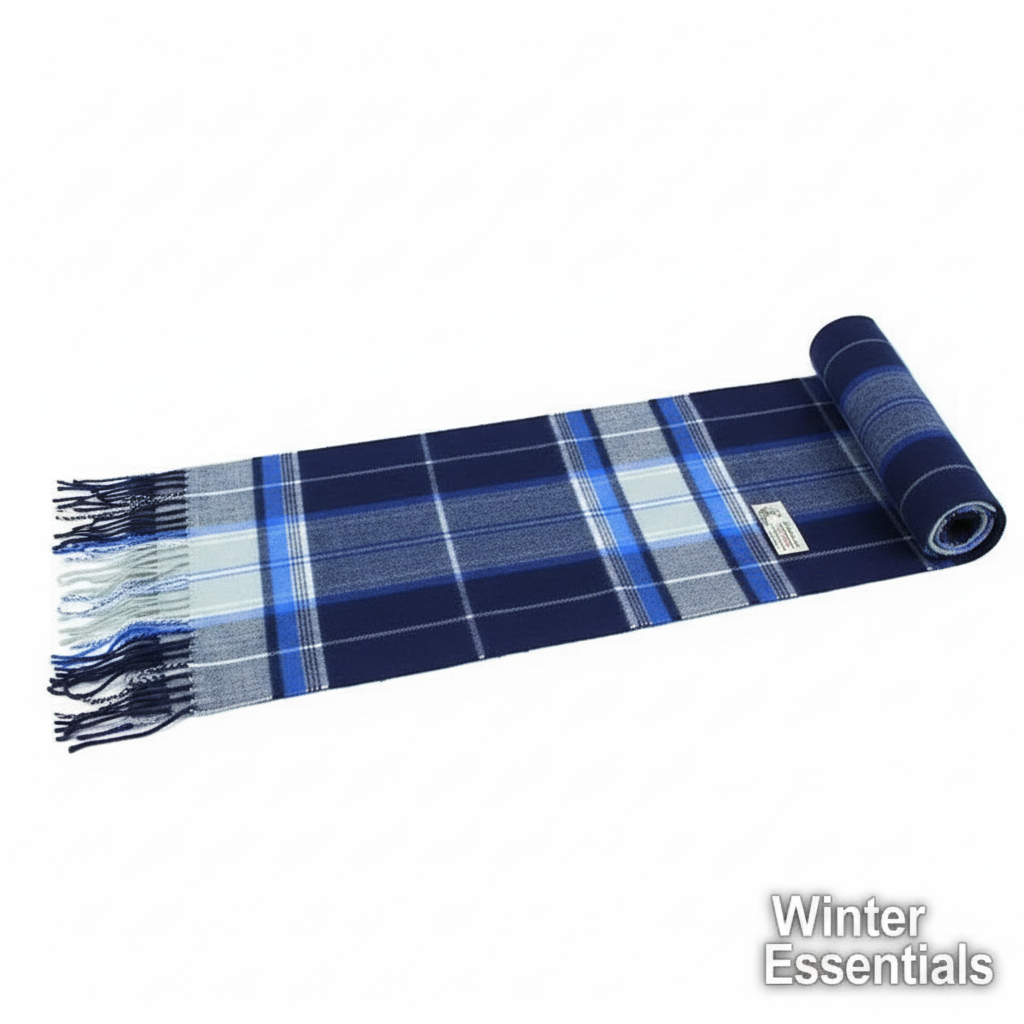 Blue Plaid Cashmere Feel Scarf - White Background
