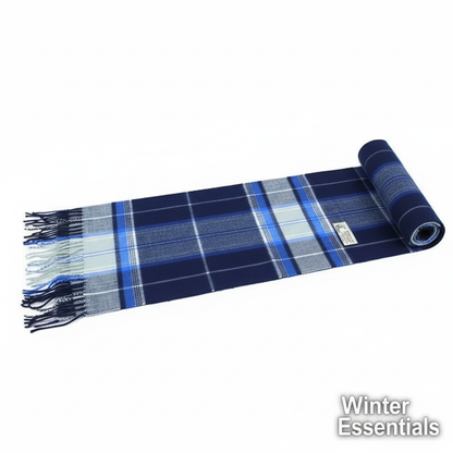 Blue Plaid Cashmere Feel Scarf - White Background