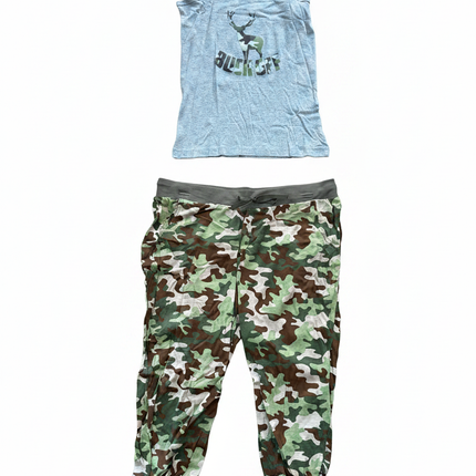 Bobbie Brooks Buck Off Camo PJ Set flat lay on white background