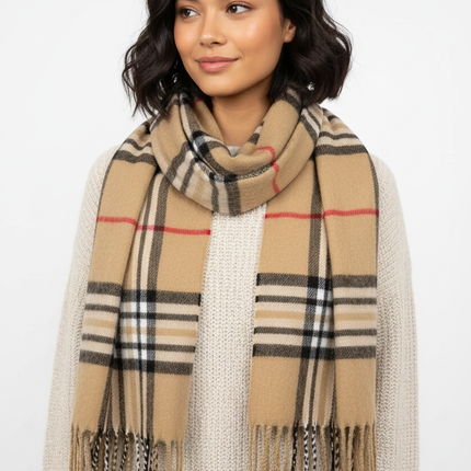 Beige Plaid Scarf Ultra Plush Pashmina Wool Blend 6ft Long Unisex