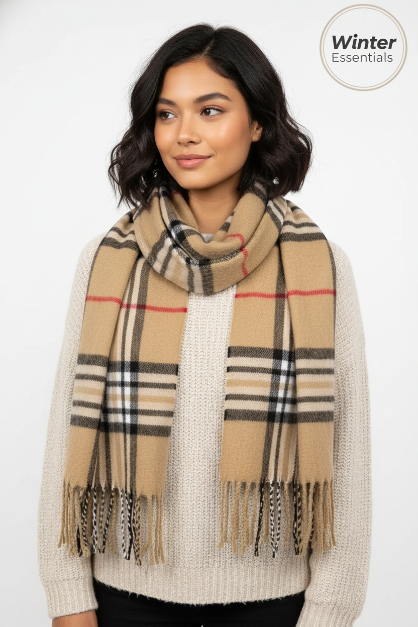 Beige Plaid Scarf Ultra Plush Pashmina Wool Blend 6ft Long Unisex