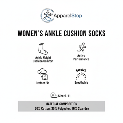 Women's Ankle Cushion Socks Features - Size 9-11, Cushion, Perfect Fit