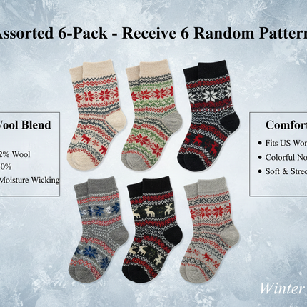 Women's Wool Blend Winter Socks - Assorted 6-Pack Nordic Pattern Warm Socks