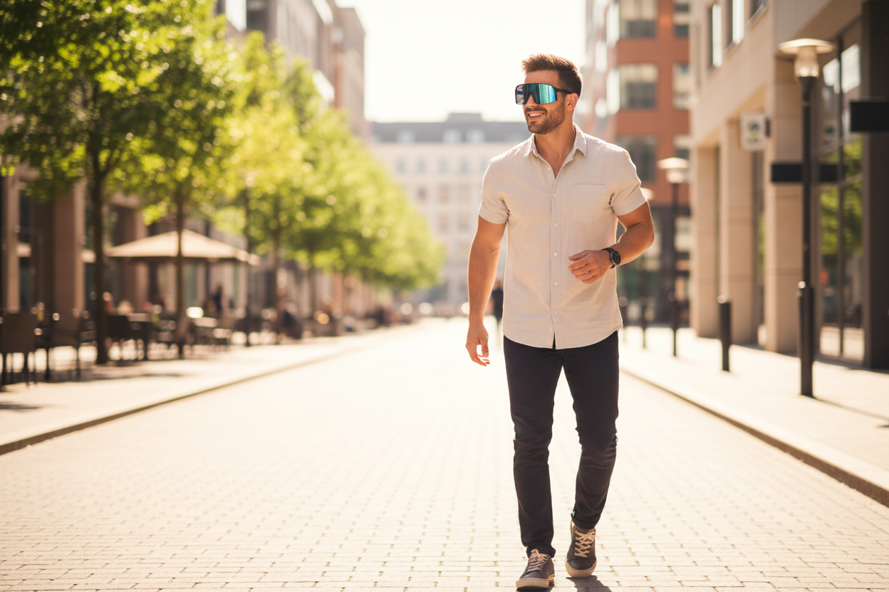Man wearing sport shield sunglasses on his face outdoors - lifestyle image